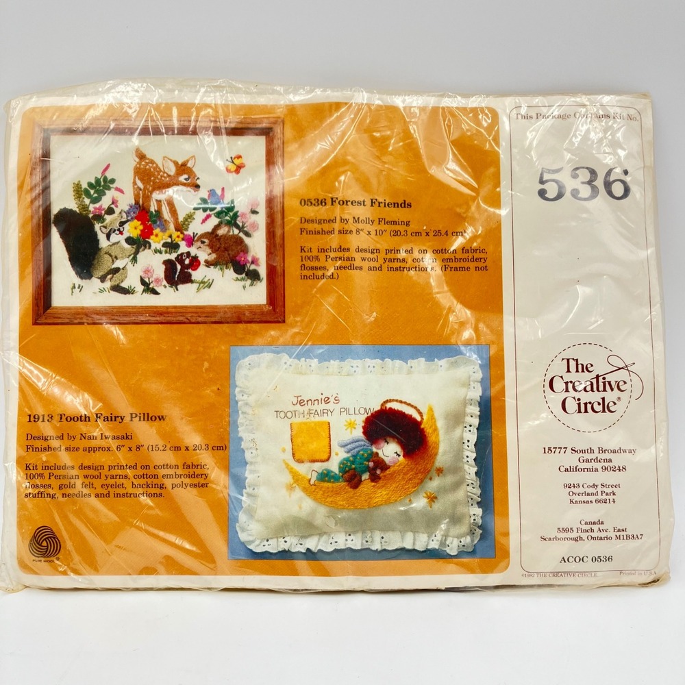 Vtg Creative Circle Forest Friends & Tooth Fairy Pillow Embroidery Kit Sealed